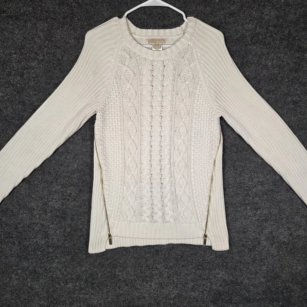 Michael Kors Cable Knit Sweater Women's Large Cream Side Zip Heavy Knit Pullover